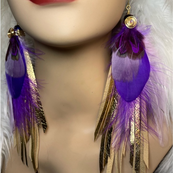 Gold Foiled Genuine Leather Fringe Purple Feather Earrings - Picture 7 of 15